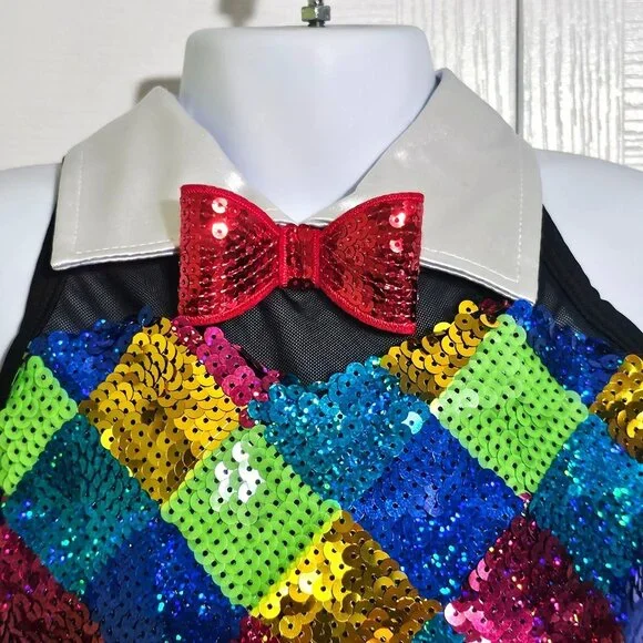 Girls Sequin Harlequin Dance Costume Ruffle Tutu Sequin Bowtie Broadway Star ISC - Picture 3 of 11